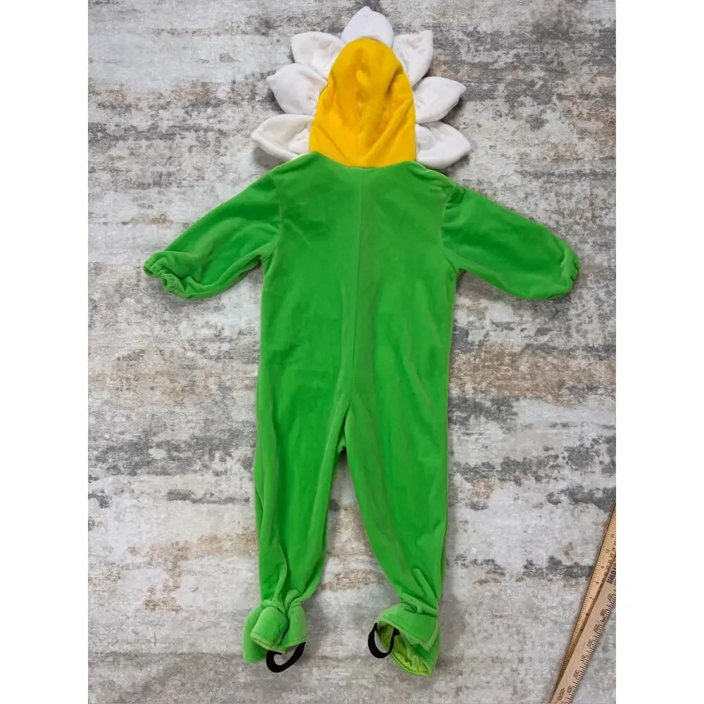 Y2K Green velour one-piece flower costume with padded daisy hood ladybug